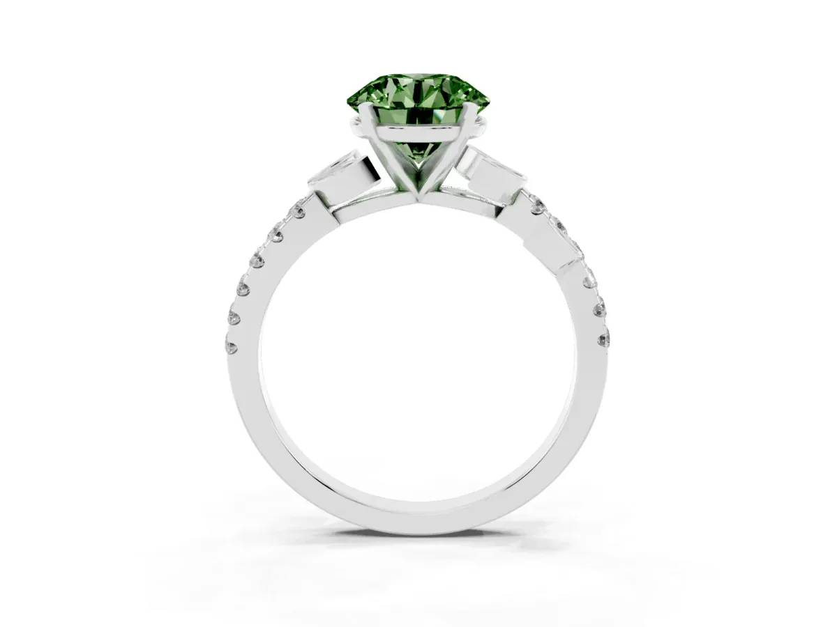 Fancy Green Round Cut Solitaire Leaf-Inspired Diamond Ring with Pavé Band and Four-Prong Setting Silver