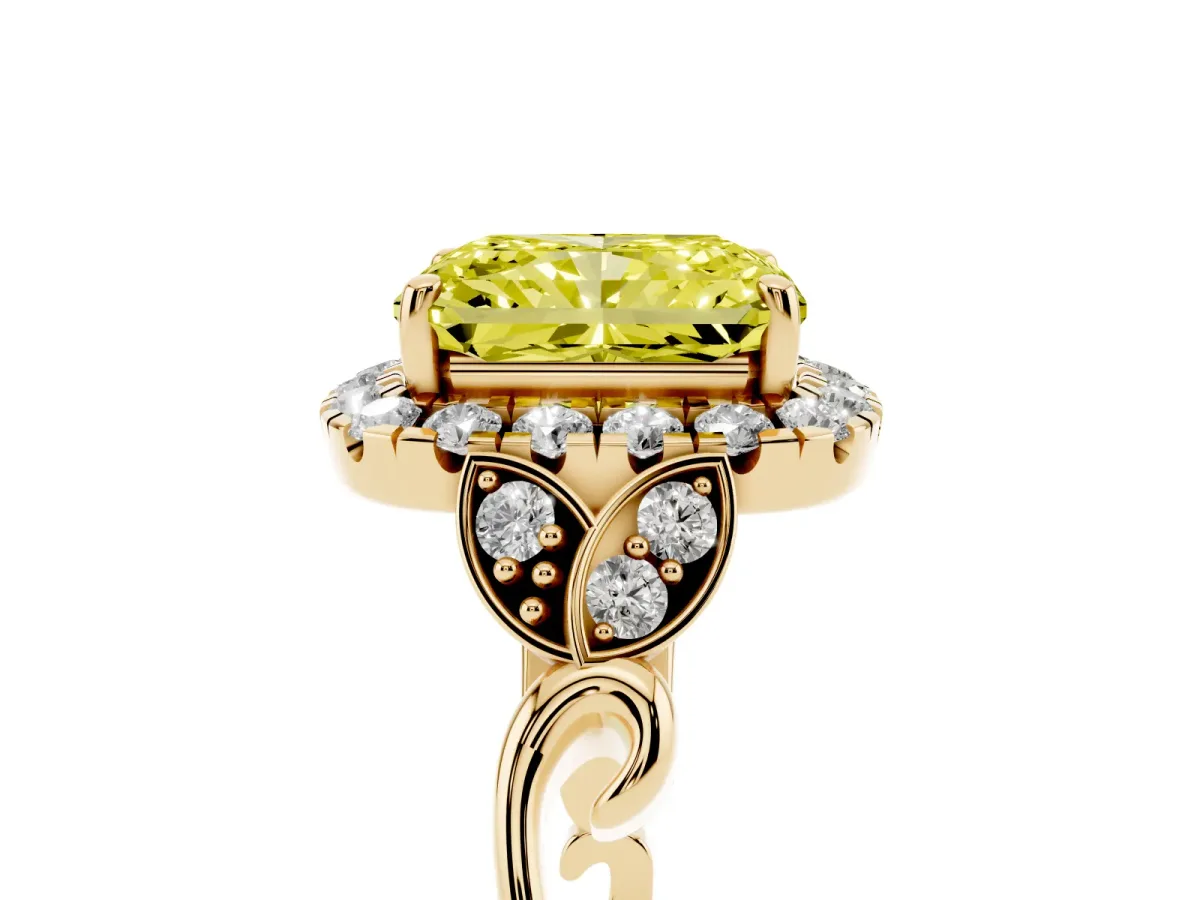 Fancy Yellow Radiant Cut Halo Diamond Engagement Ring with Vintage-Inspired Band and Four-Prong Setting Yellow gold