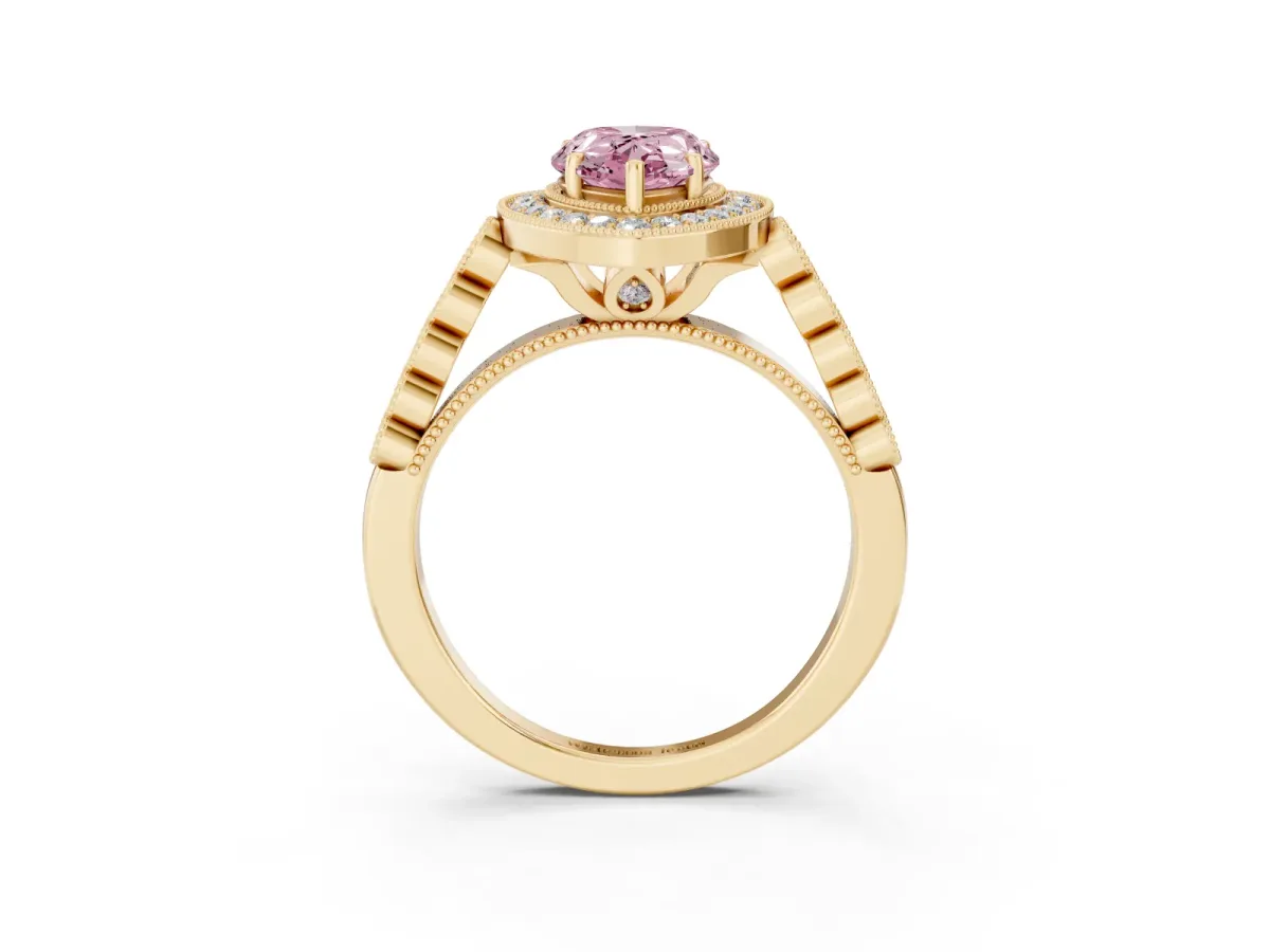 Fancy Pink Pear Cut Halo Twist Band Solitaire Ring with Six-Prong Setting Yellow gold