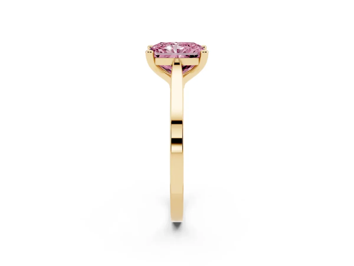 Fancy Pink Radiant Cut Solitaire Diamond Ring with Four-Prong Setting and Tapered Band Yellow gold