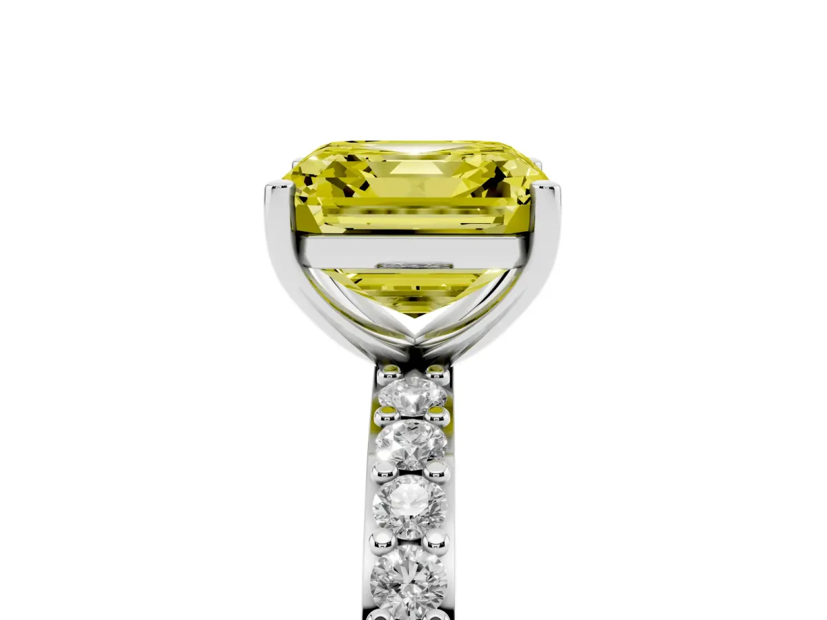 Fancy Yellow Asscher Cut Cut Diamond Solitaire with Pave Band and Four-Prong Setting Silver