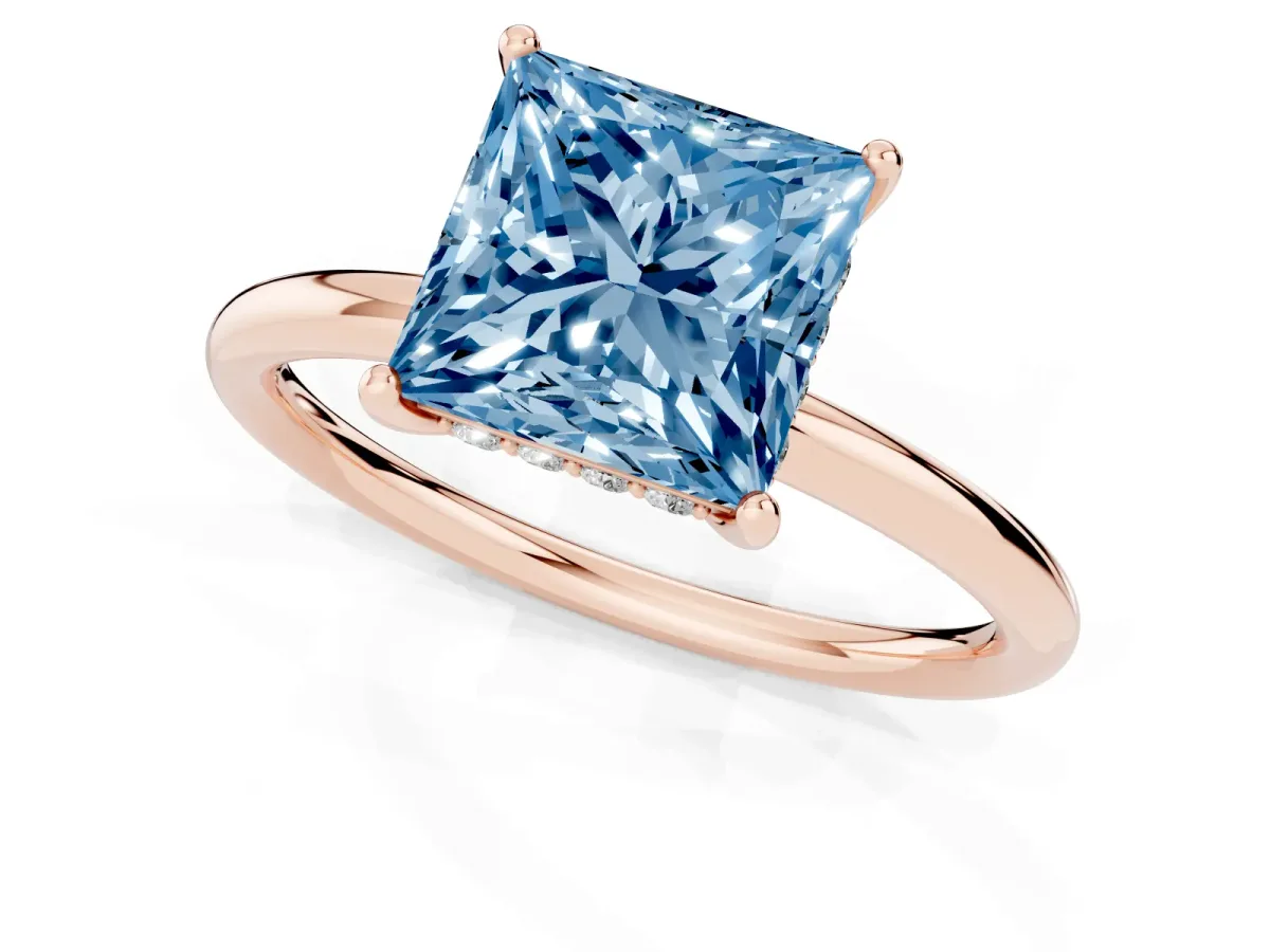 Fancy Blue Princess Cut Solitaire Diamond Ring with a Classic Band and Four-Prong Setting Rose gold