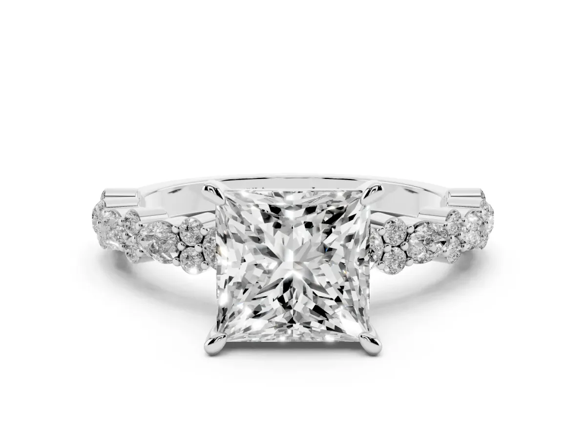 Princess Cut Diamond Side Stone Solitaire Ring with Round and Four-Prong Setting Platinum