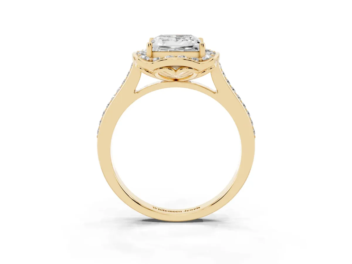 Princess Cut Halo Round Diamond Pave Band with Four-Prong Setting Yellow gold
