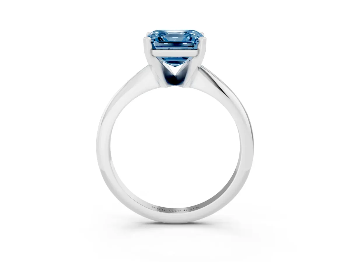 Fancy Blue Asscher Cut Cut Solitaire Ring with Four-Prong Setting on a Classic Band Platinum
