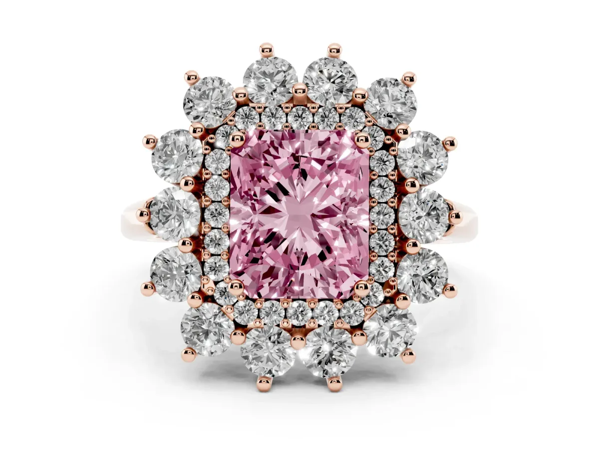 Fancy Pink Radiant Cut Diamond Floral Double Halo Engagement Ring with Prong Setting Rose gold