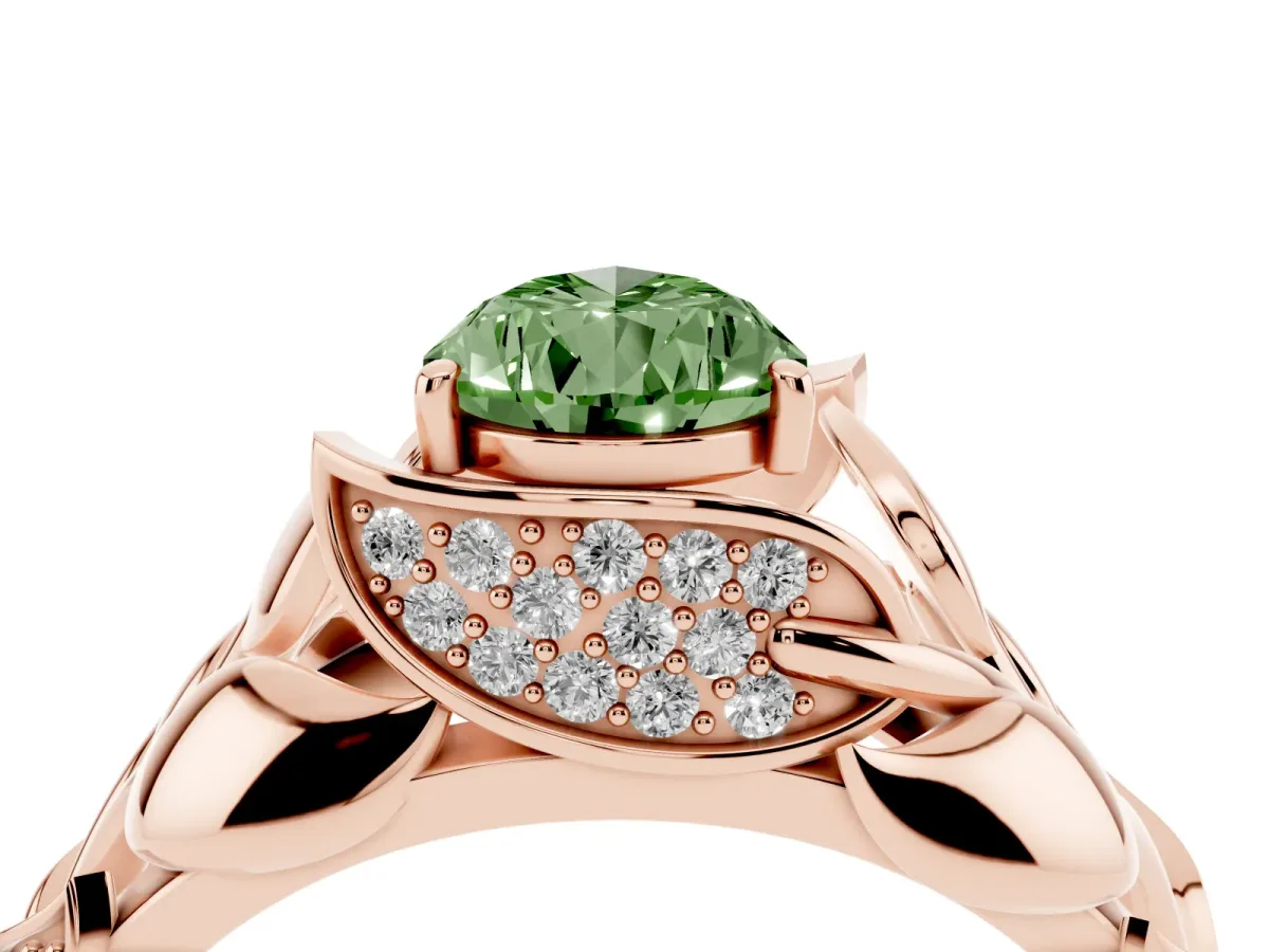Fancy Green Pear Cut Diamond Leaf-Inspired Engagement Ring with Round Accents and Prong Setting Rose gold
