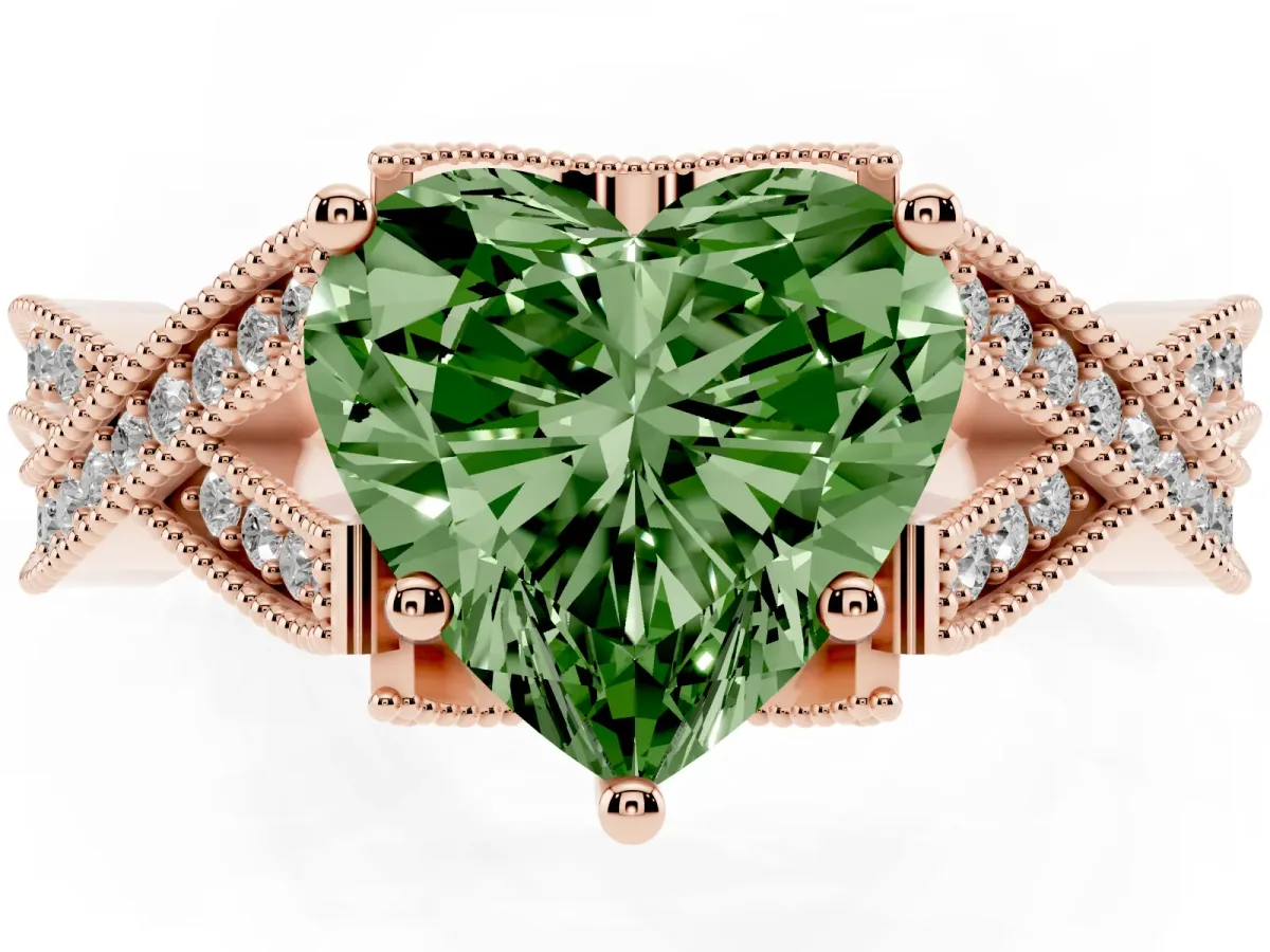 Fancy Green Heart Cut Cut Diamond Twisted Band with Milgrain Pave Setting and Four-Prong Setting Rose gold