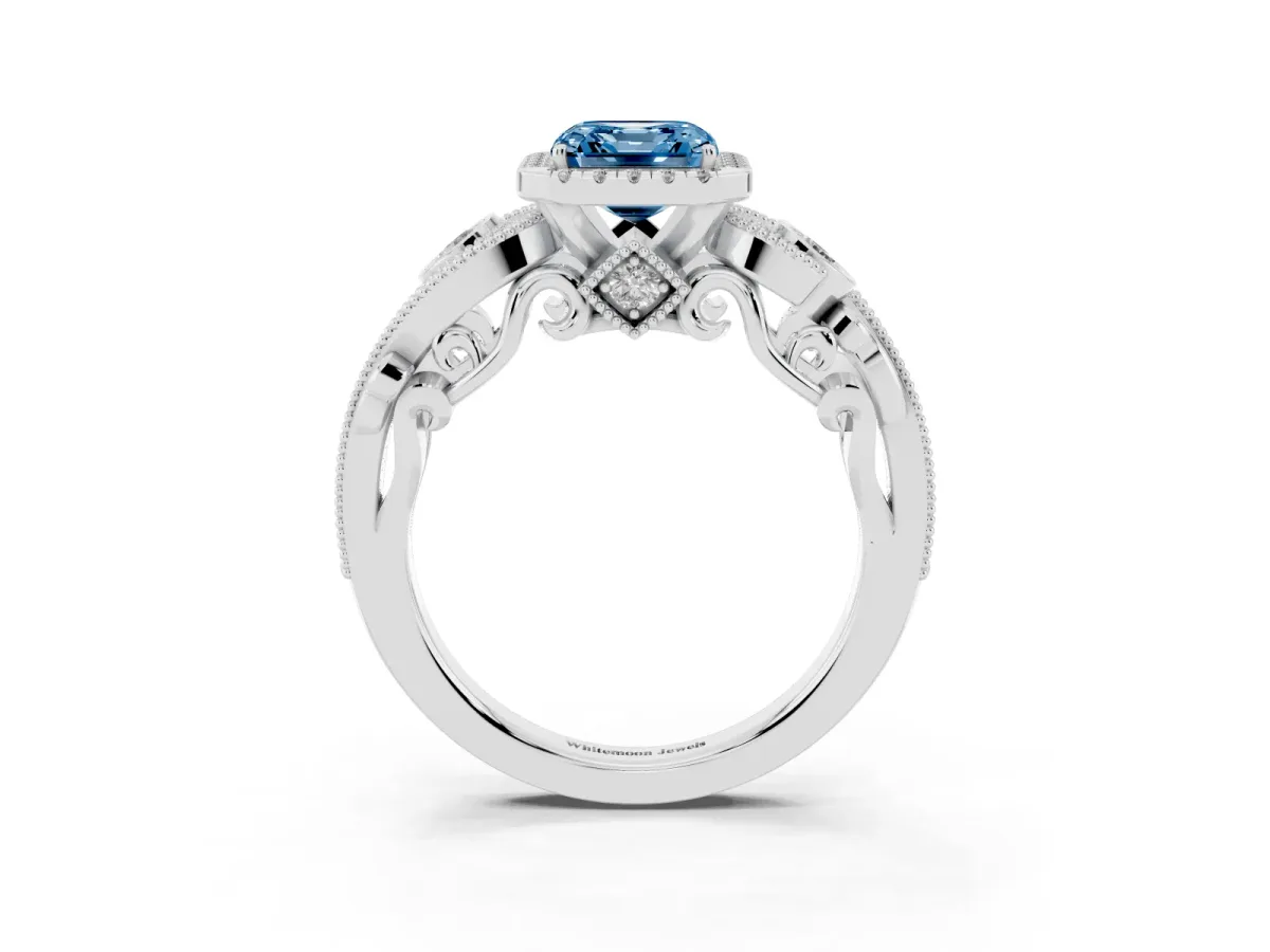 Fancy Blue Asscher Cut Halo Diamond Ring with Milgrain and Bezel Accents on a Split Shank Band Platinum