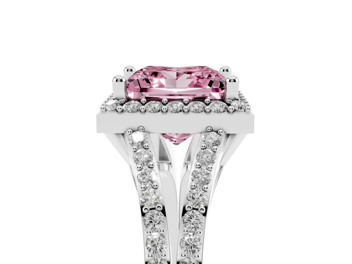 Fancy Pink Princess Cut Halo Split Shank Diamond Ring with Prong Setting Silver