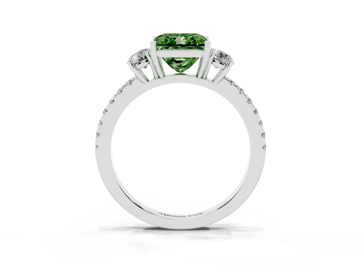 Fancy Green Three-Stone Princess Cut Cut Diamond Pavé Band with Prong Setting Silver
