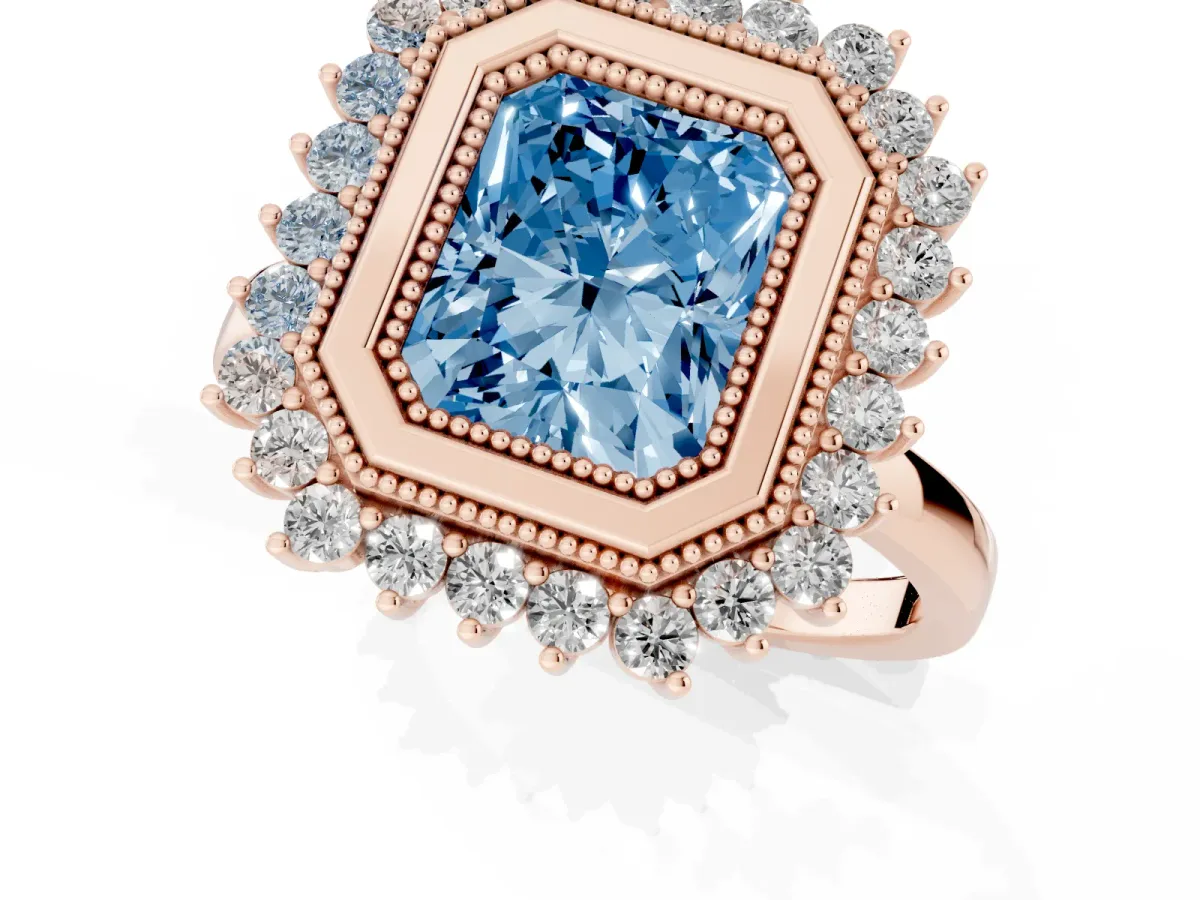 Fancy Blue Radiant Cut Halo Diamond Ring with Milgrain Edge and Round Prong Setting Rose gold