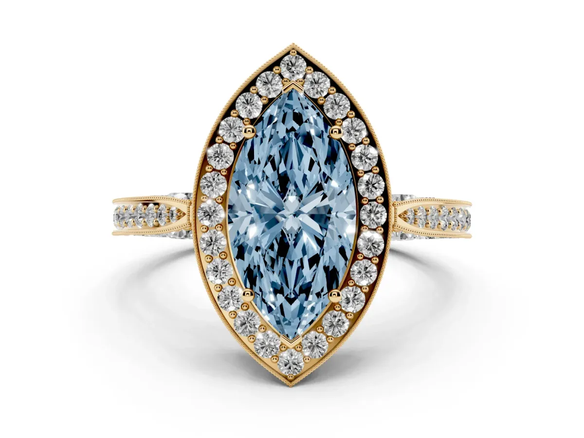 Fancy Blue Marquise Cut Halo Diamond Engagement Ring with Split Shank Band and Four-Prong Setting Yellow gold