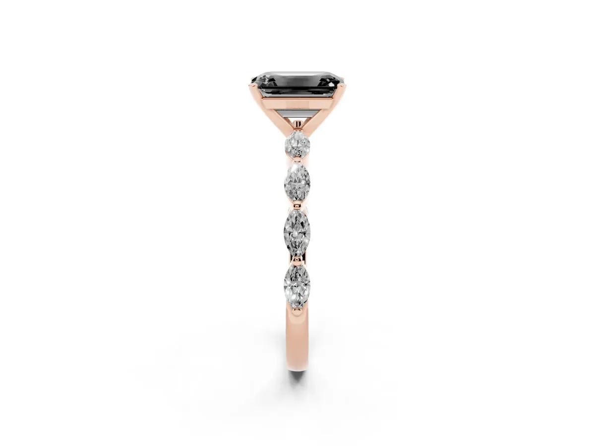 Fancy Black Emerald Cut Diamond Ring with Marquise Side Stones and Prong Setting Rose gold