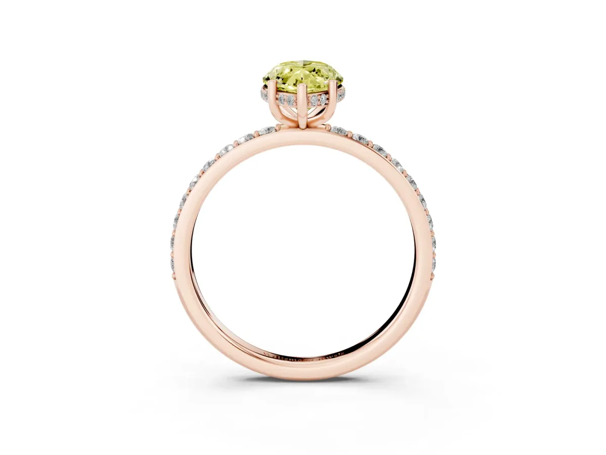 Fancy Yellow Marquise Cut Diamond Solitaire Ring with Pavé Band and Hidden Halo Rose gold