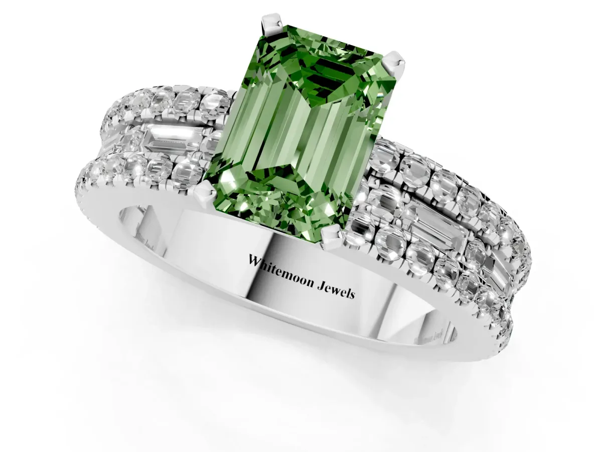 Fancy Green Emerald Cut Diamond Solitaire Ring with Pavé and Channel Set Band White gold