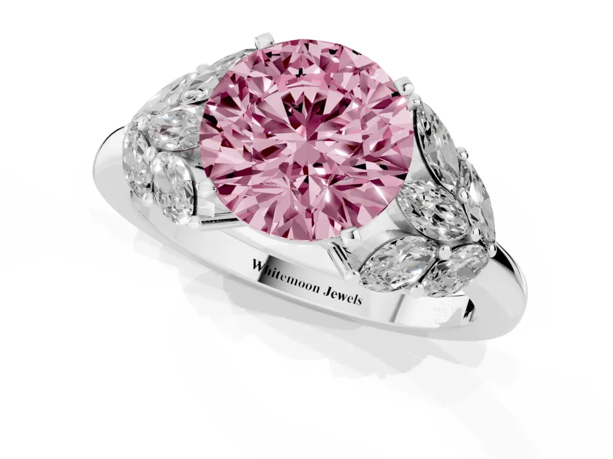 Fancy Pink Round Cut Diamond Cluster Leaf Design Ring with Prong Setting Silver