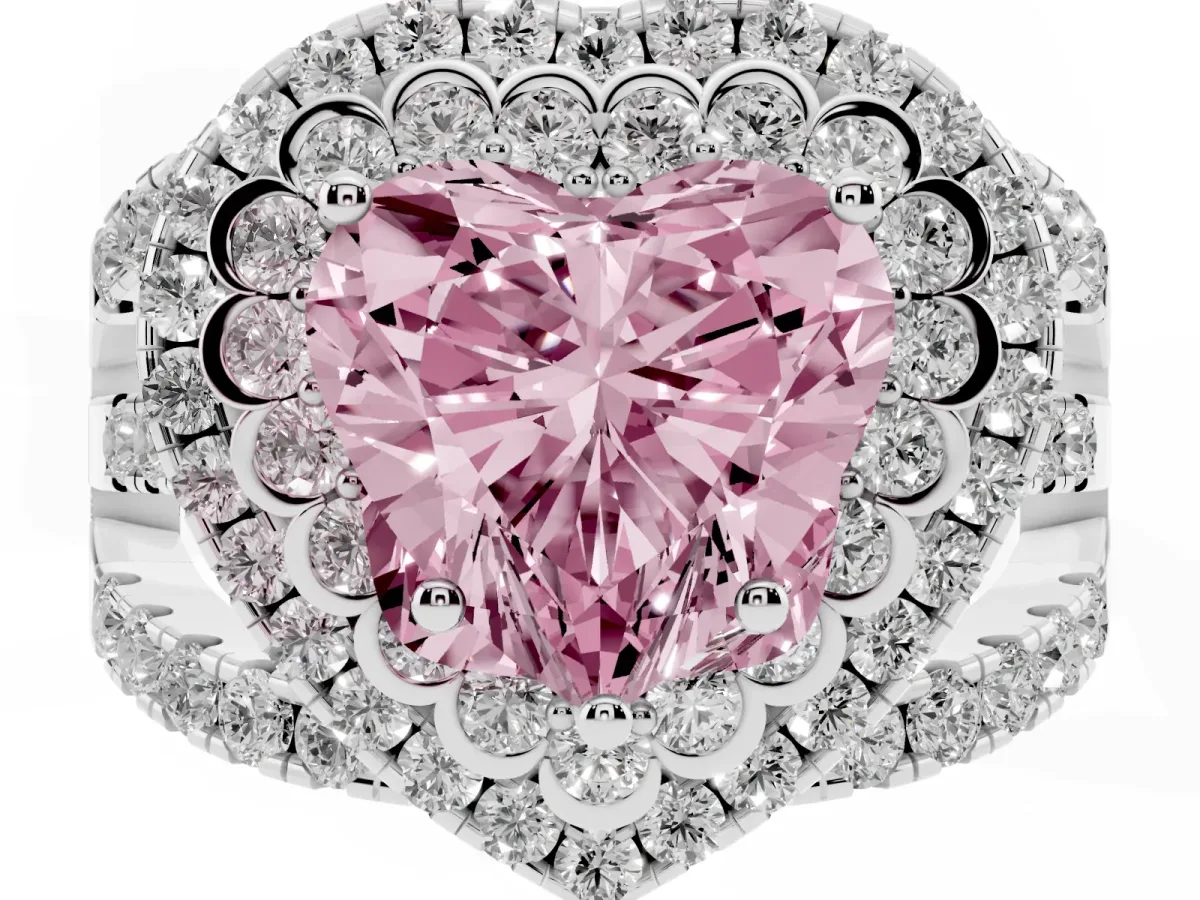 Fancy Pink Heart Cut Diamond Double Halo Ring with Round Pavé Split Shank and Prong Setting Silver