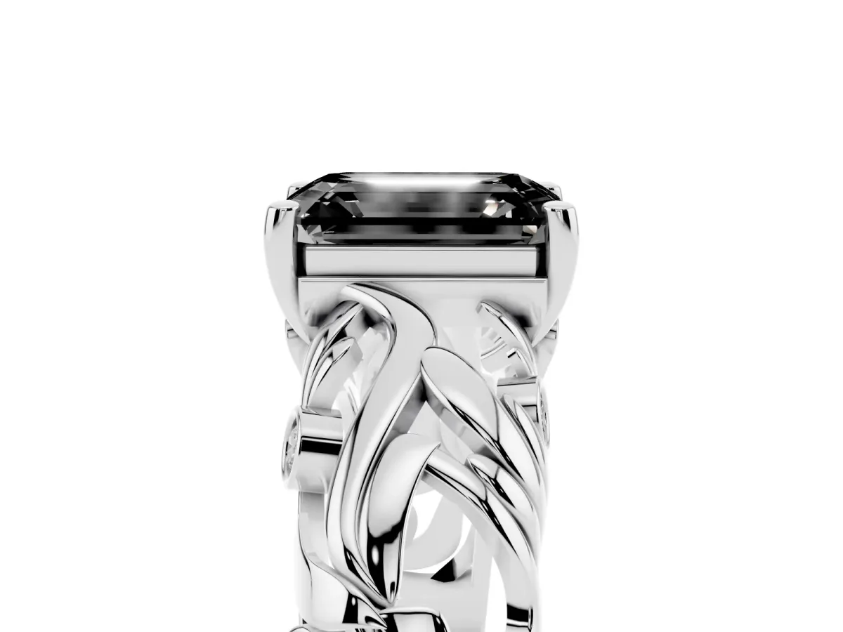 Fancy Black Emerald Cut Solitaire Diamond Leaf-Inspired Vine Band Ring with Prong Setting White gold