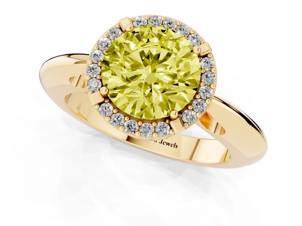Fancy Yellow Round Cut Cut Diamond Halo Engagement Ring with Split Shank and Four-Prong Setting Yellow gold