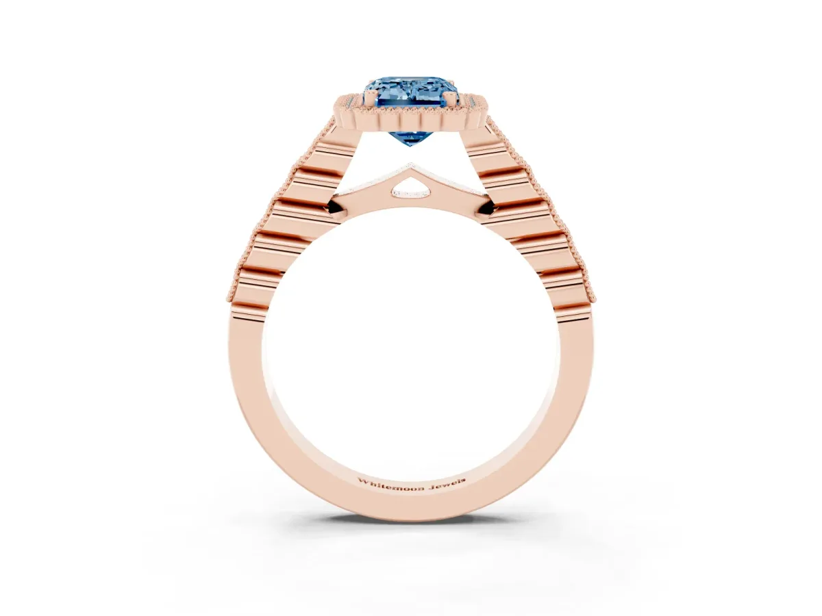 Fancy Blue Emerald Cut Cut Halo Pavé Solitaire Ring with Milgrain Band Rose gold