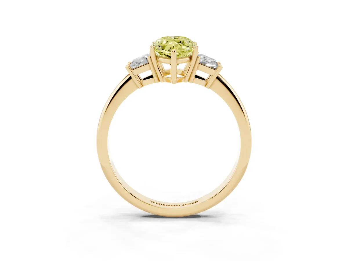 Fancy Yellow Marquise Cut Diamond Three-Stone Ring with Trapezoid Side Stones and Prong Setting Yellow gold