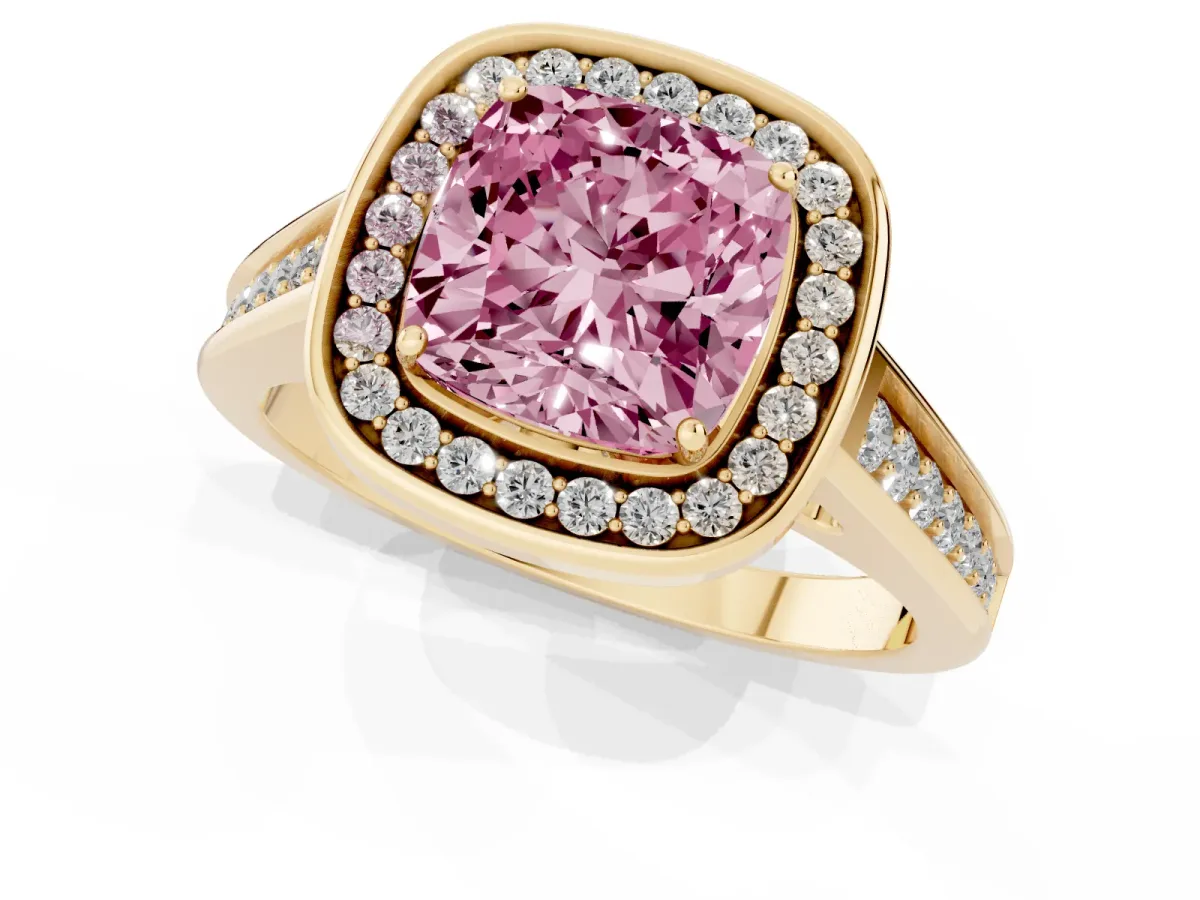 Fancy Pink Cushion Cut Halo Solitaire Diamond Ring with Pave Band and Bezel Setting Yellow gold