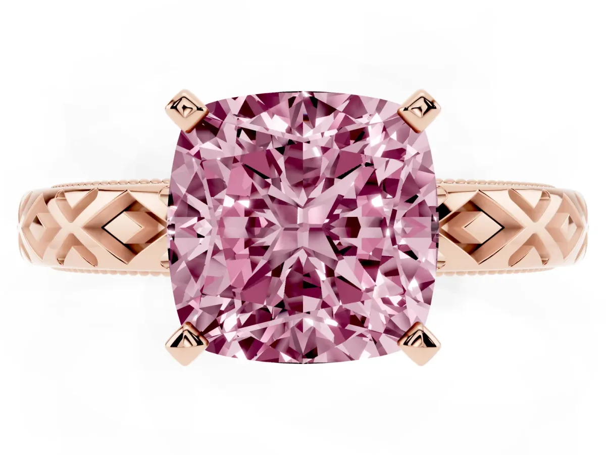 Fancy Pink Cushion Cut Solitaire Diamond Ring with Milgrain and Black Enamel X Pattern Band Rose gold