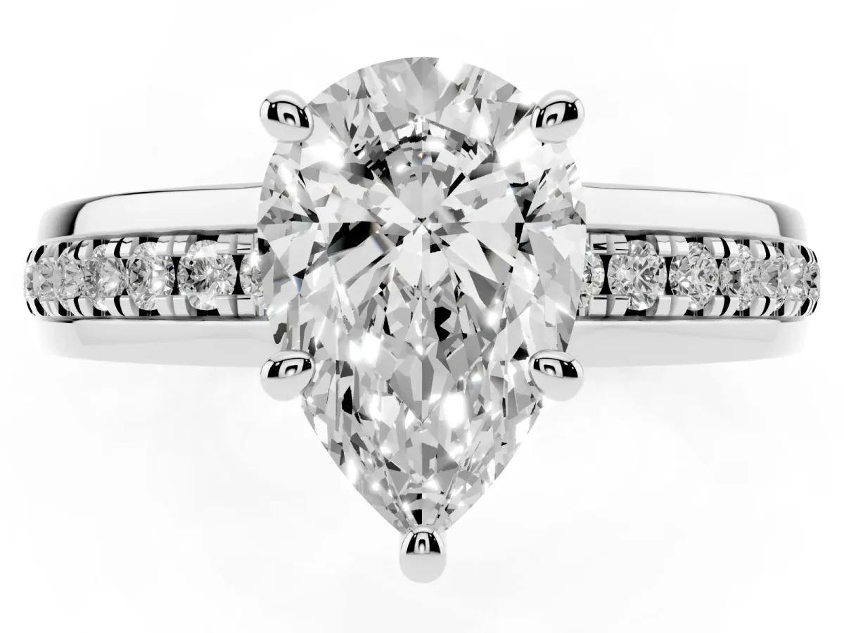Pear Cut Solitaire Diamond Ring with Channel Set Band and Six-Prong Setting Silver