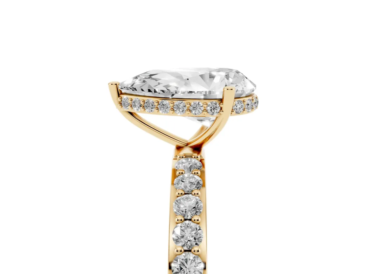Pear Cut Diamond Solitaire Ring with Pavé Band and Hidden Halo Yellow gold