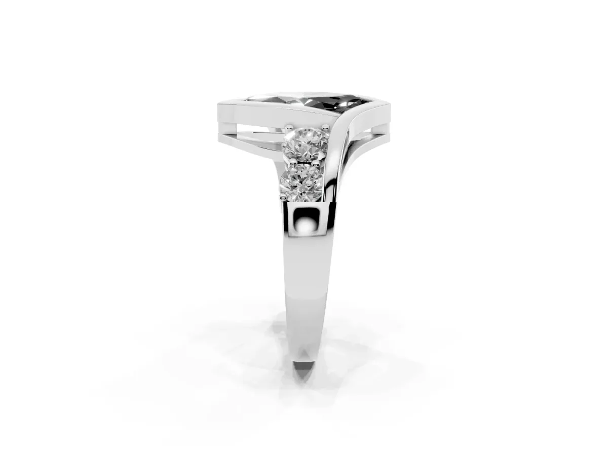 Fancy Black Bezel Set Marquise Cut Diamond Bypass Ring with Round Accents Silver