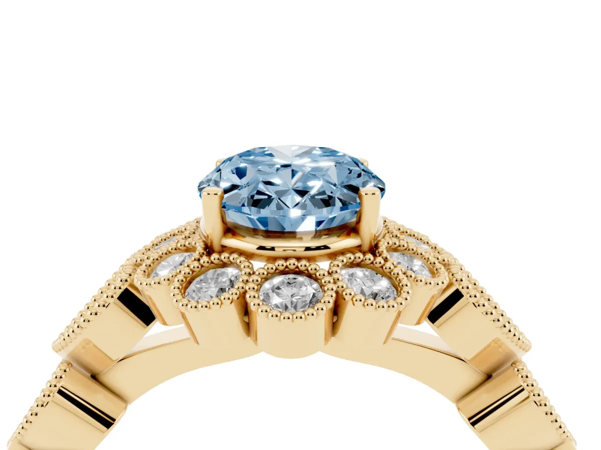 Fancy Blue Oval Cut Brilliant Milgrain Pave Heart Band Solitaire Ring Yellow gold