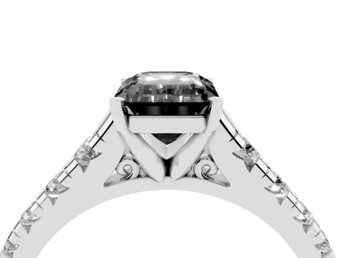 Fancy Black Emerald Cut Diamond Cathedral Solitaire Ring with Round Pavé Band Silver