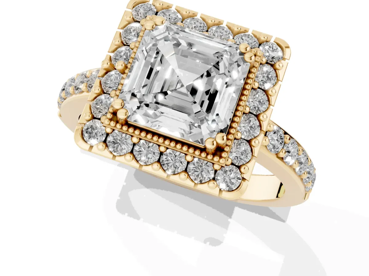 Asscher Cut Diamond Halo Ring with Pavé Band and Prong Setting Yellow gold