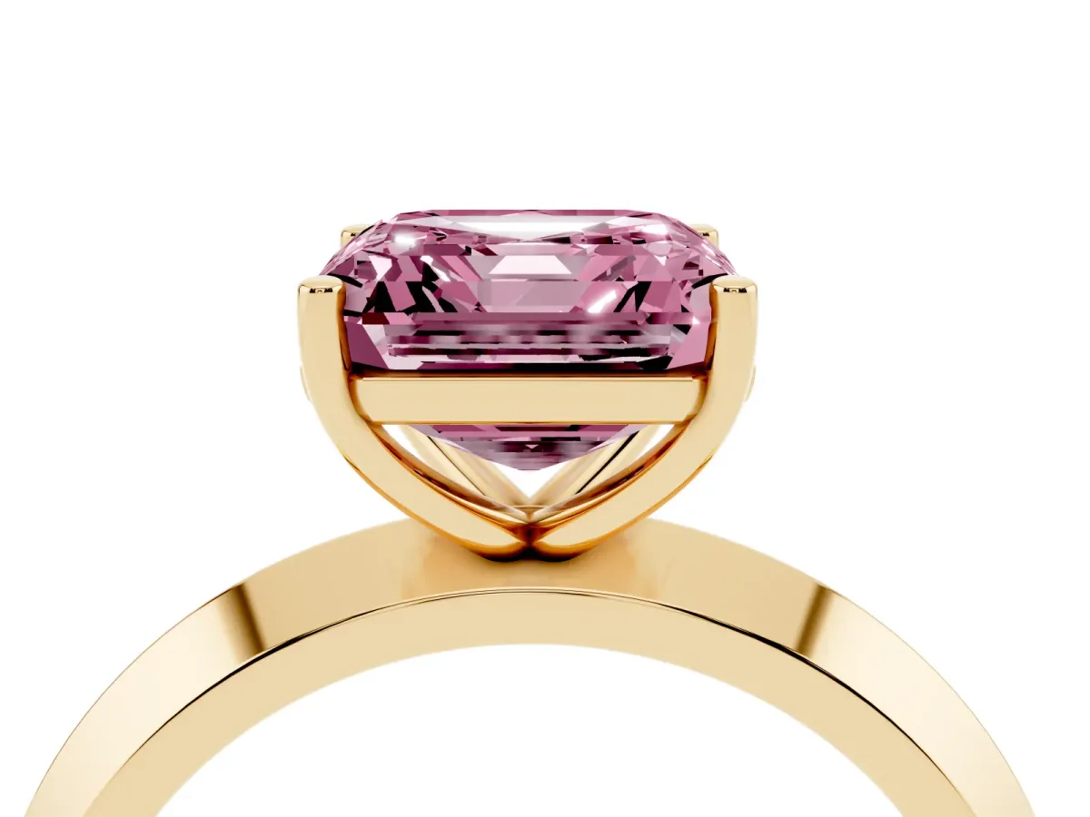 Fancy Pink Asscher Cut Cut Solitaire Engagement Ring with Flat Band and Four-Prong Setting Yellow gold