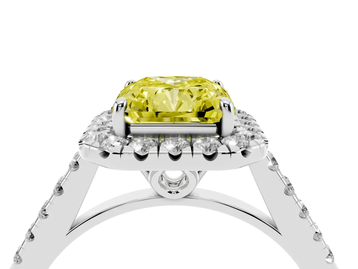 Fancy Yellow Radiant Cut Halo Pavé Diamond Engagement Ring with Four-Prong Setting Silver
