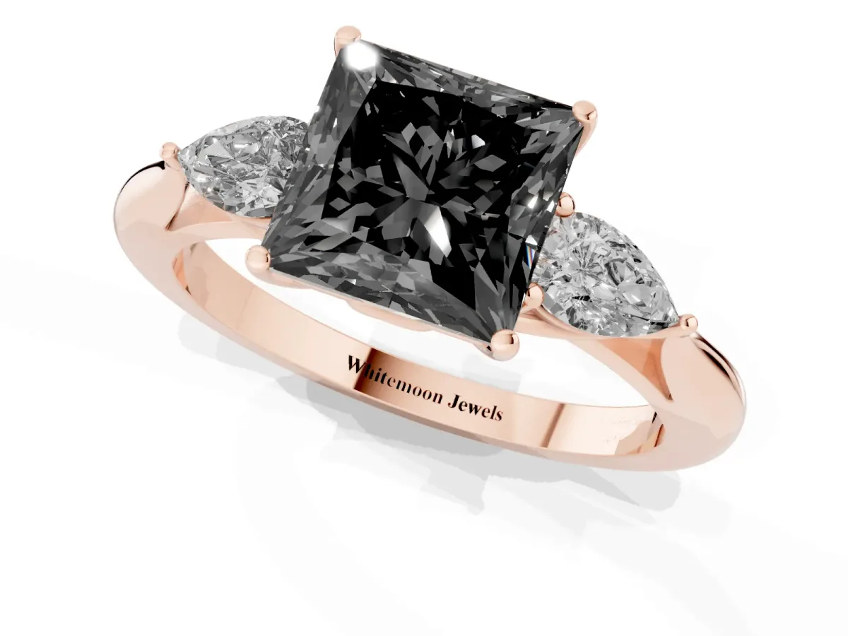 Fancy Black Three-Stone Princess Cut Brilliant Diamond Solitaire Ring with Tapered Band and Four-Prong Setting Rose gold