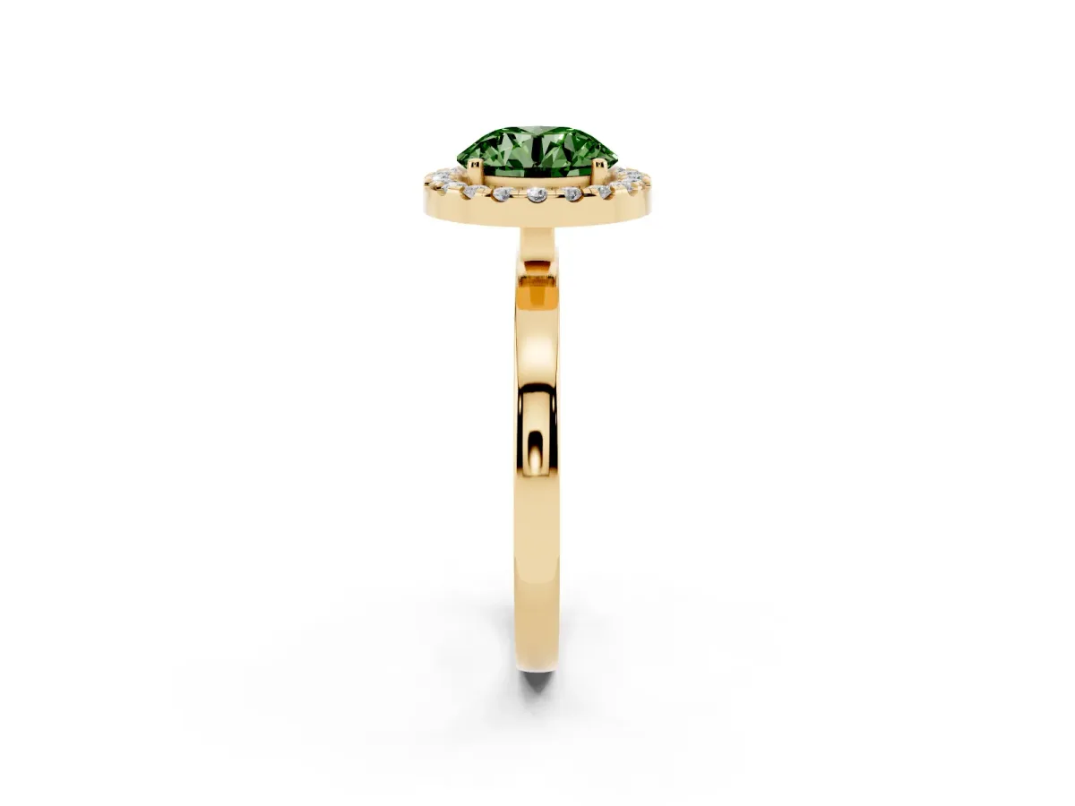 Fancy Green Round Cut Halo Diamond Solitaire with Pavé Band and Four-Prong Setting Yellow gold