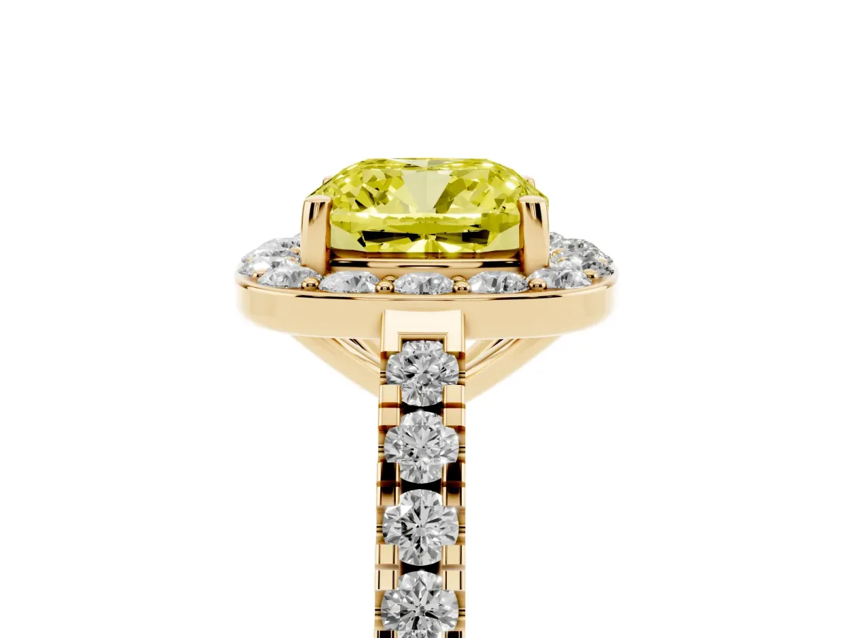 Fancy Yellow Cushion Cut Diamond Halo Ring with Round Pavé Split Shank and Prong Setting Yellow gold
