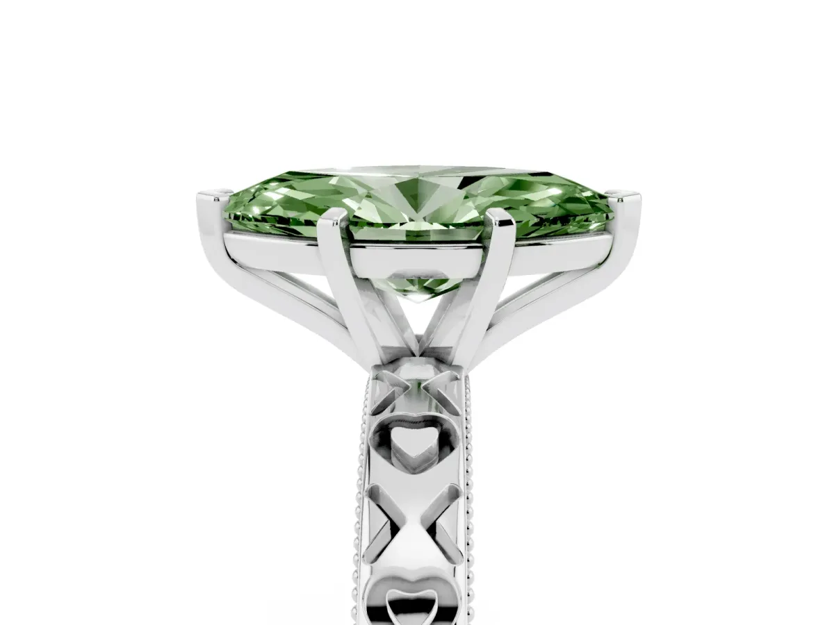 Fancy Green Marquise Cut Solitaire Diamond Engagement Ring with XO Engraved Band and Four-Prong Setting Platinum