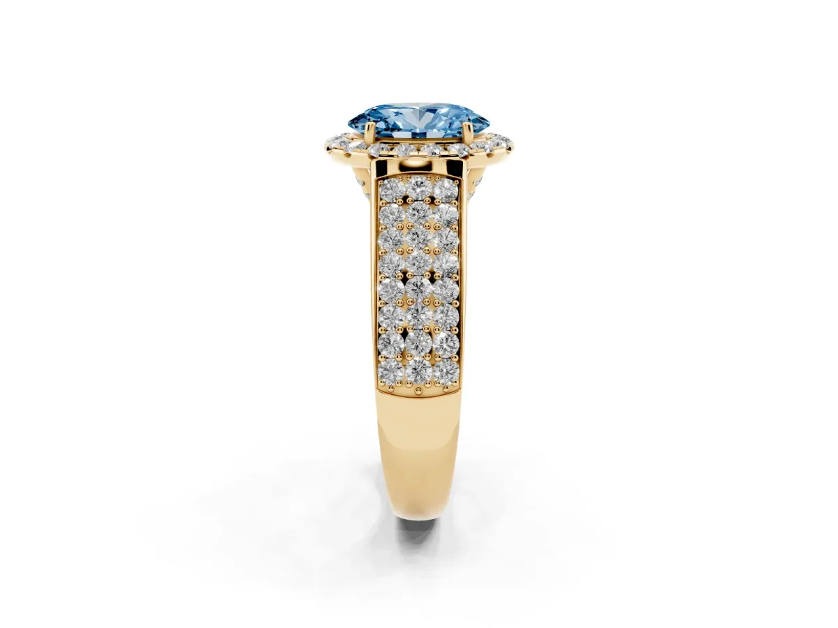 Fancy Blue Oval Cut Halo Round Diamond Pave Band with Prong Setting Yellow gold