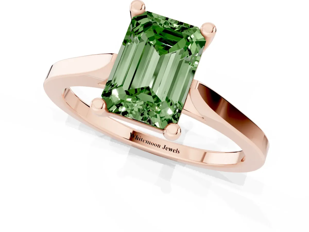 Fancy Green Emerald Cut Solitaire Diamond Ring with Four-Prong Setting and Tapered Band Rose gold