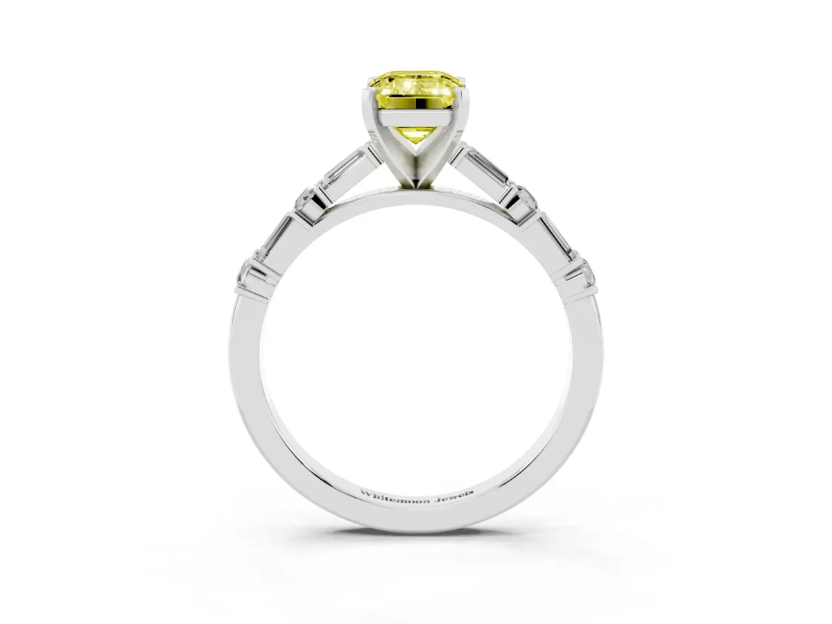 Fancy Yellow Emerald Cut Diamond Solitaire with Side Baguettes and Channel Set Band Silver