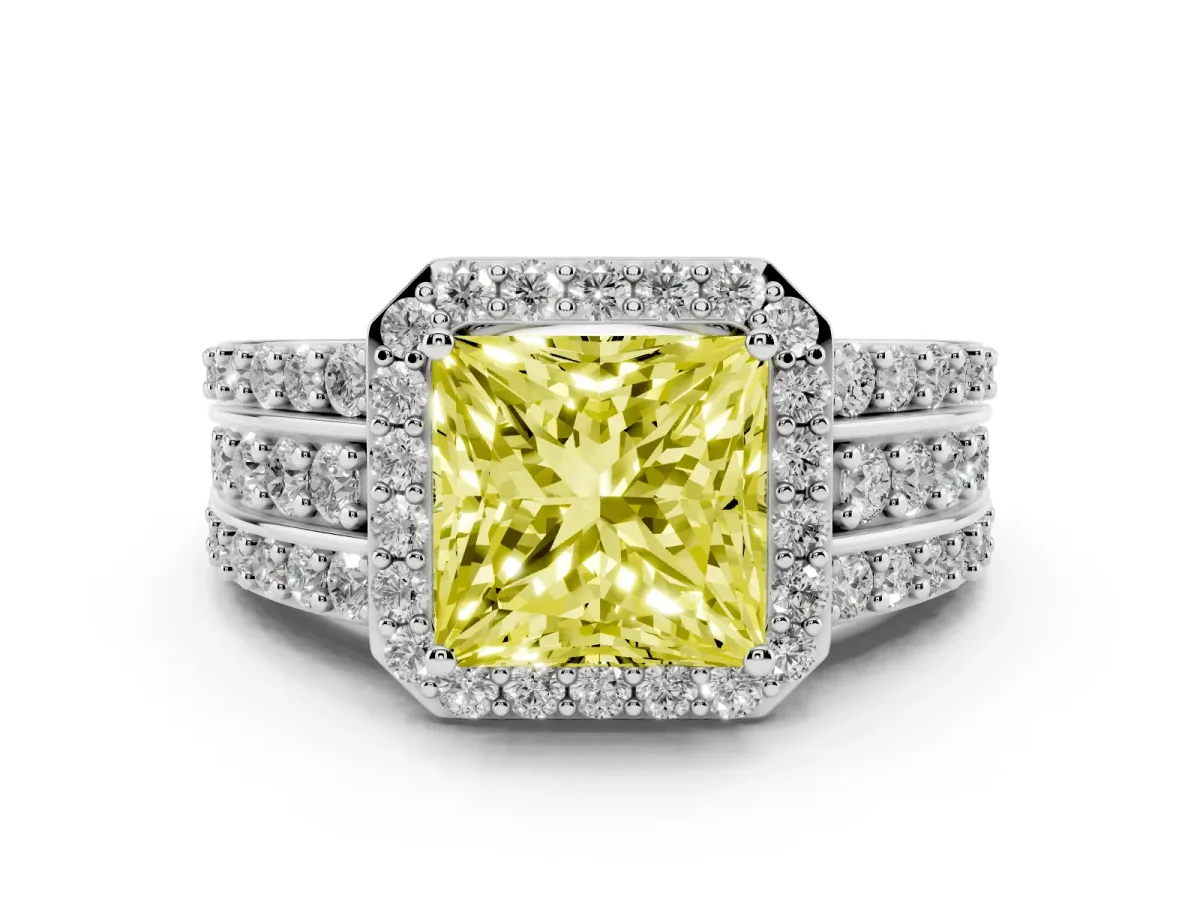 Fancy Yellow Princess Cut Halo Diamond Ring with Round Split Shank and Prong Setting Silver