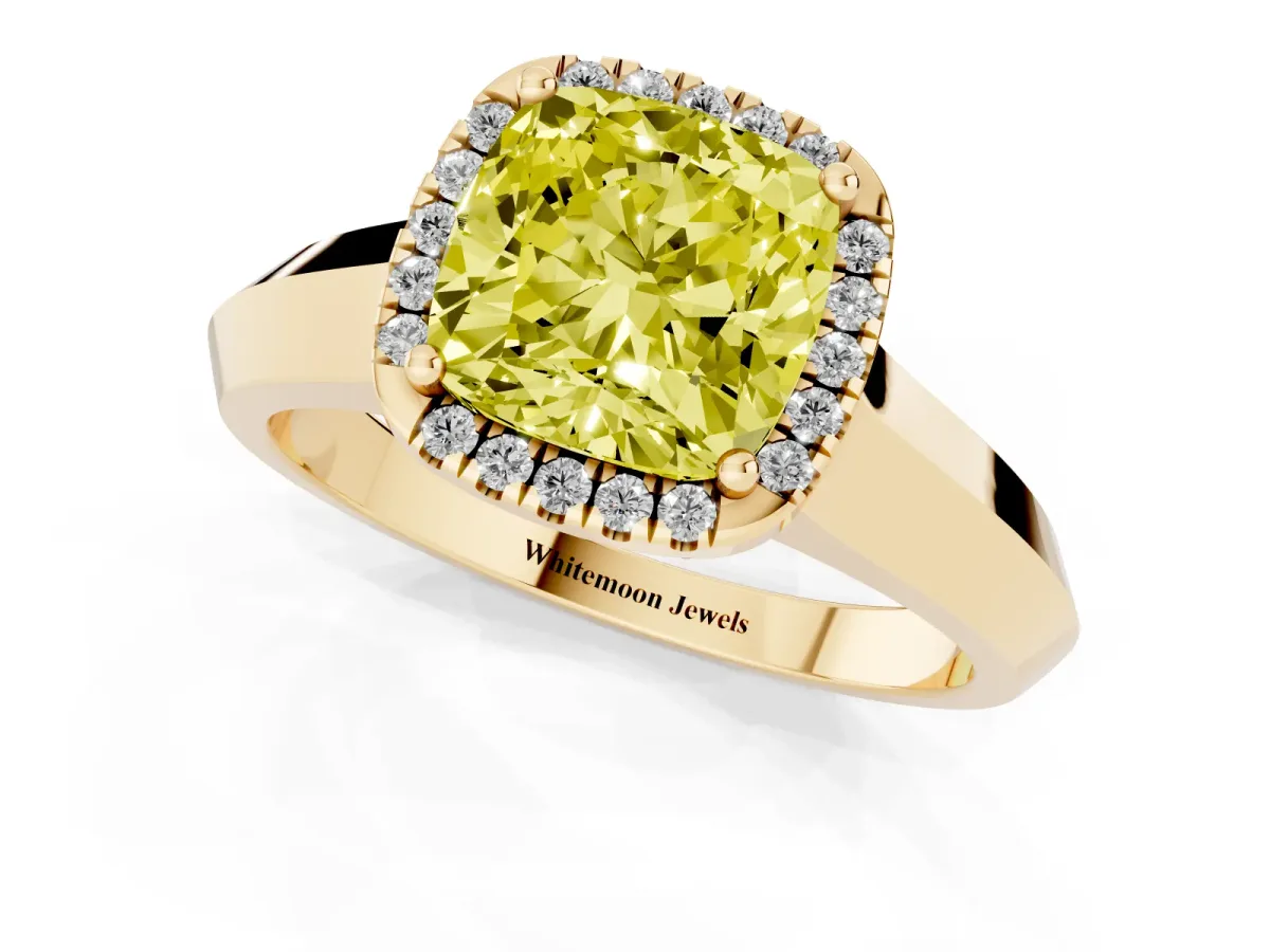 Fancy Yellow Cushion Cut Halo Diamond Ring with Cathedral Band and Four-Prong Setting Yellow gold