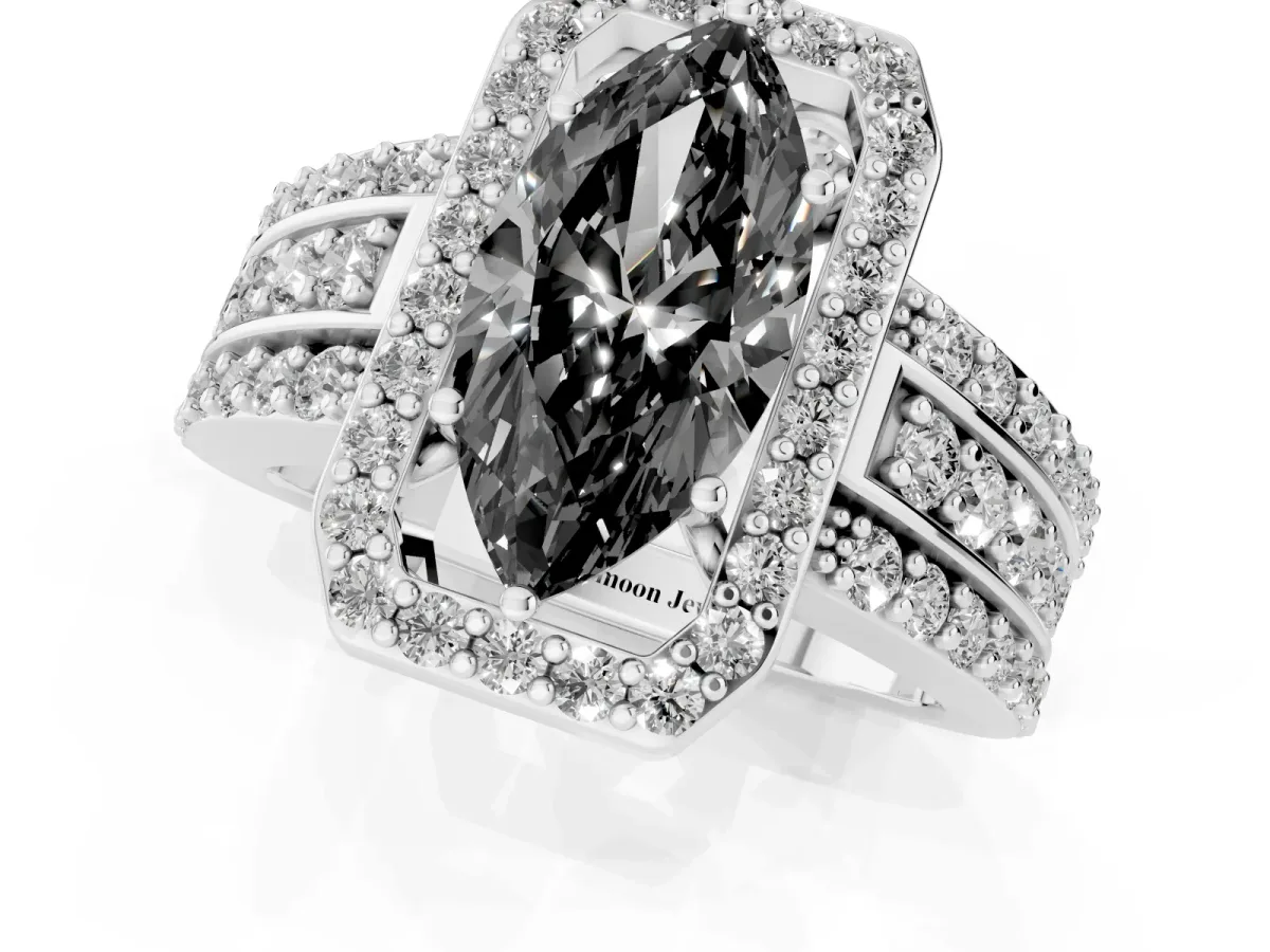 Fancy Black Marquise Cut Halo Diamond Ring with Round Split Shank and Prong Setting Platinum