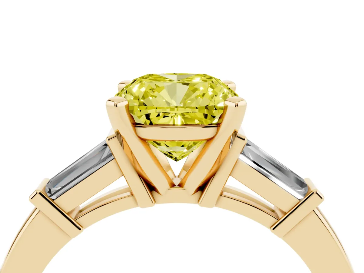 Fancy Yellow Cushion Cut Cut Diamond Solitaire Ring with Tapered Baguette Accents and Four-Prong Setting Yellow gold