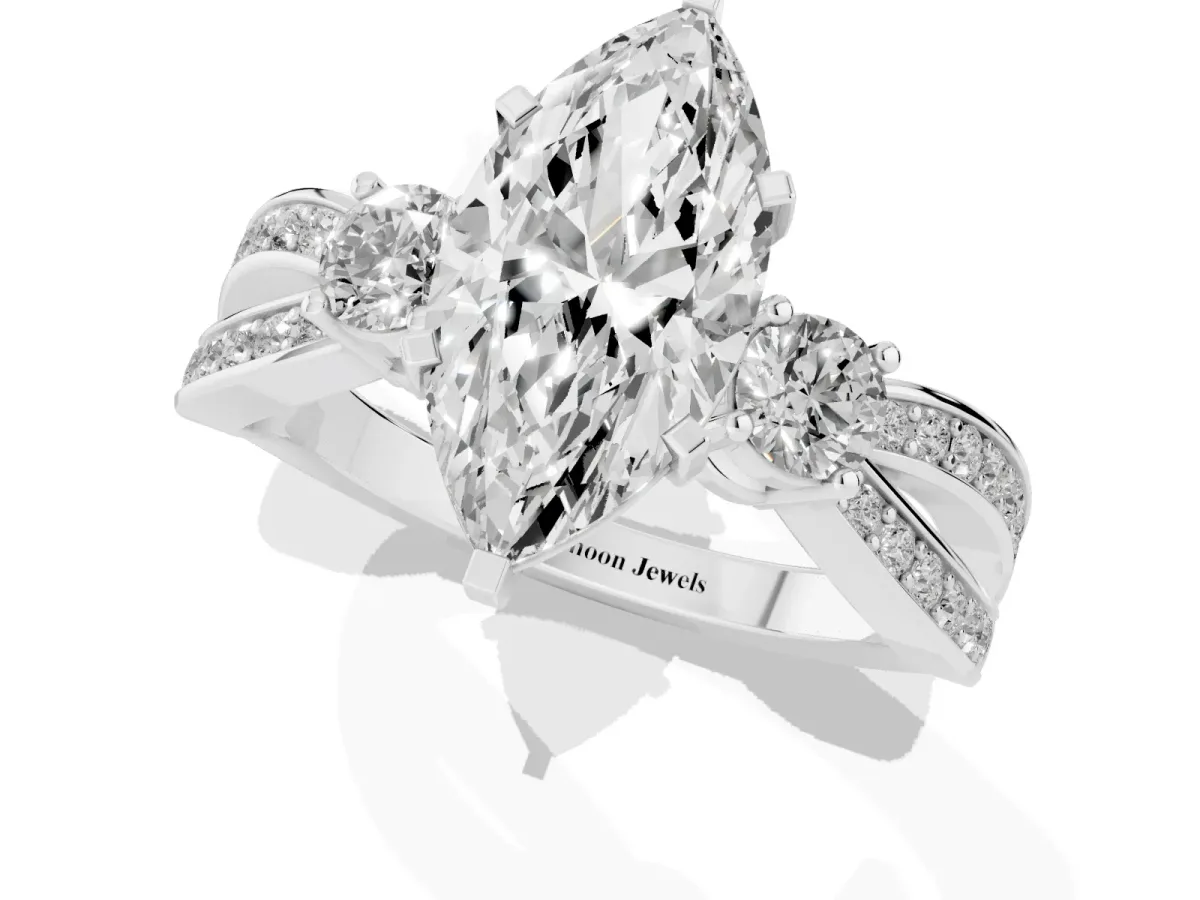 Three-Stone Marquise Cut Cut Diamond Twist Band with Prong Setting Silver