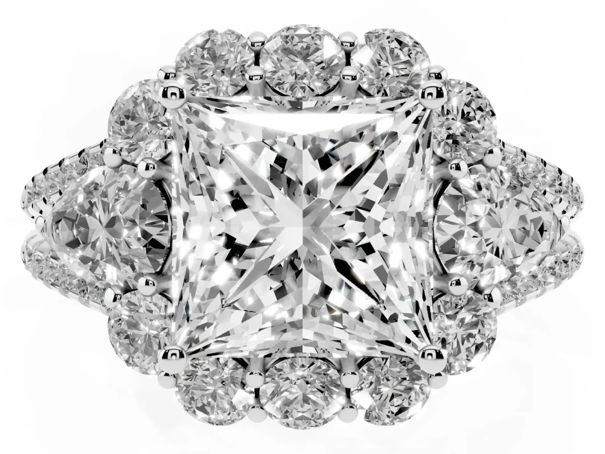 Princess Cut Halo Split Shank Diamond Engagement Ring with Prong Setting Platinum