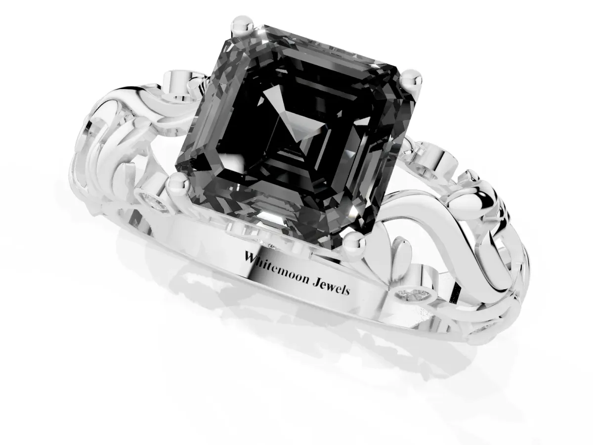 Fancy Black Asscher Cut Solitaire Diamond Leaf-Inspired Vine Band Ring with Prong Setting Silver